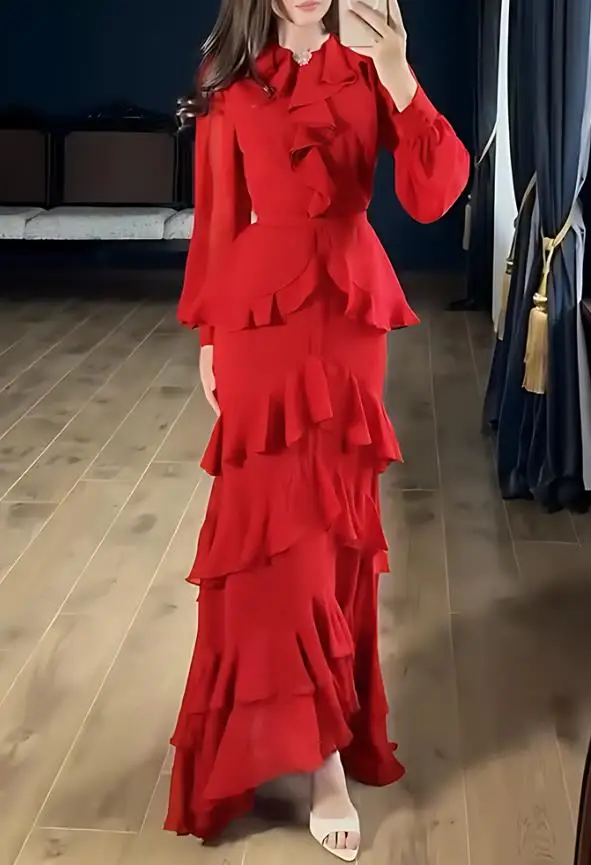French Rhinestone Button Decor Round Neck Lantern Sleeve Maxi Zipper Back Layered Ruffle Hem Chiffon Evening Dress with Belt