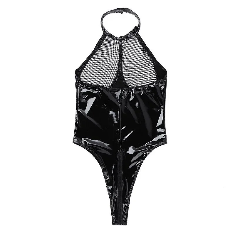 Frauen sexy PVC Lack leder ärmellose Reiß verschluss Bodysuit Bar Club Tanz Overall sexy Bodysuit Bodycon Jumps uit Pole Dance