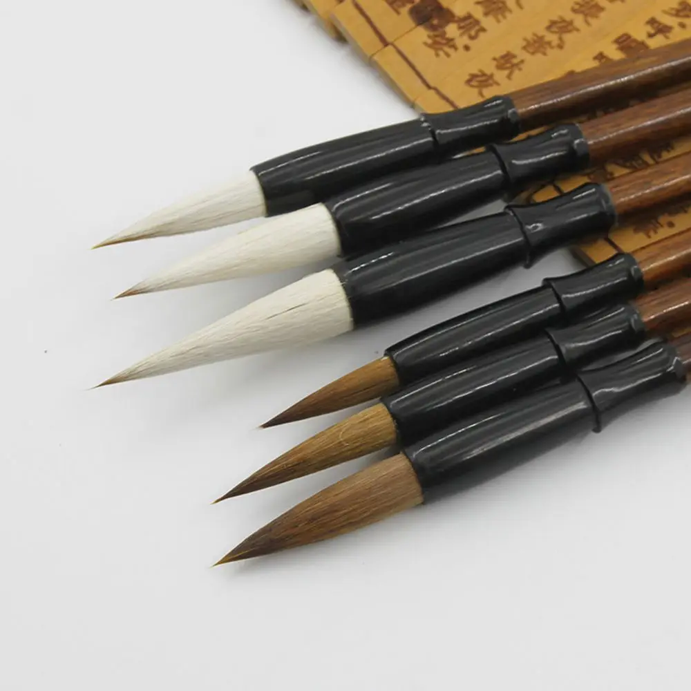 6pcs/set Student White Woolen Brown Weasel Hair Brush Pen Chinese Calligraphy Writing Brush