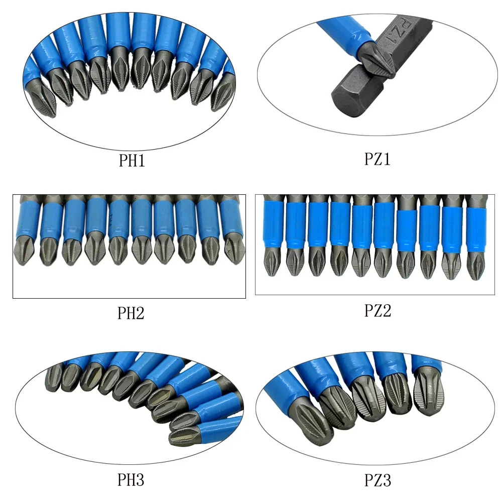 6pc 50mm PH1 PH2 PH3 PZ1 PZ2 PZ3 Magnetic Screwdriver Bit Set 1/4\