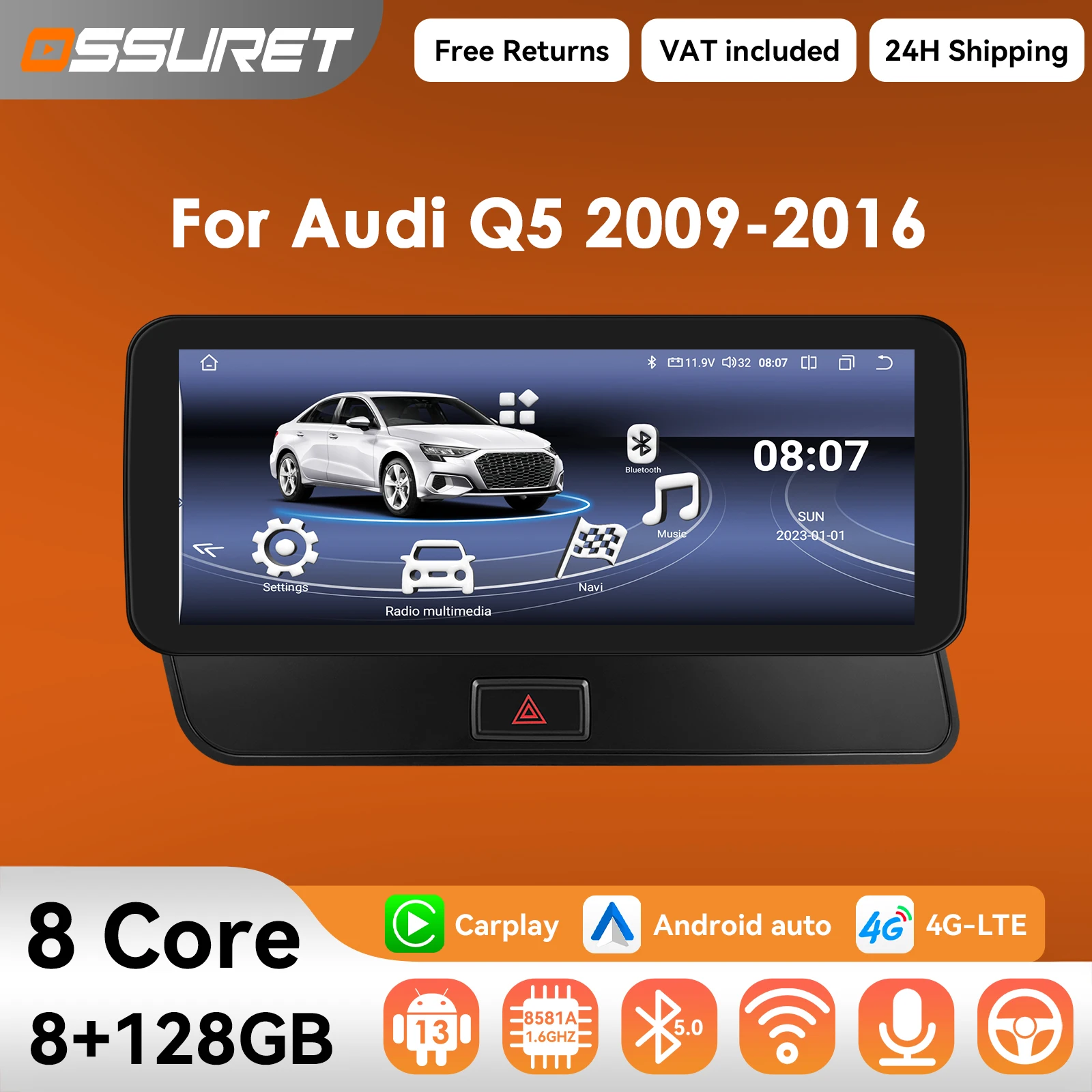 10.25 "2din Carplay Android 13 autoradio pour Audi Q5 2009-2016 lecteur multimédia GPS navi Autoradio stéréo 1920*720 écran