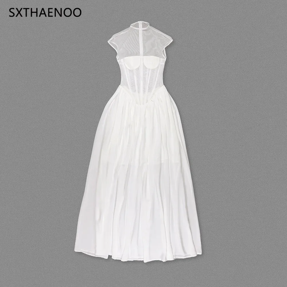 SXTHAENOO Romantico etereo Collo alto Ispirato da sposa Abito lungo bianco trasparente Abito da sera per festa di nozze Abiti 2025