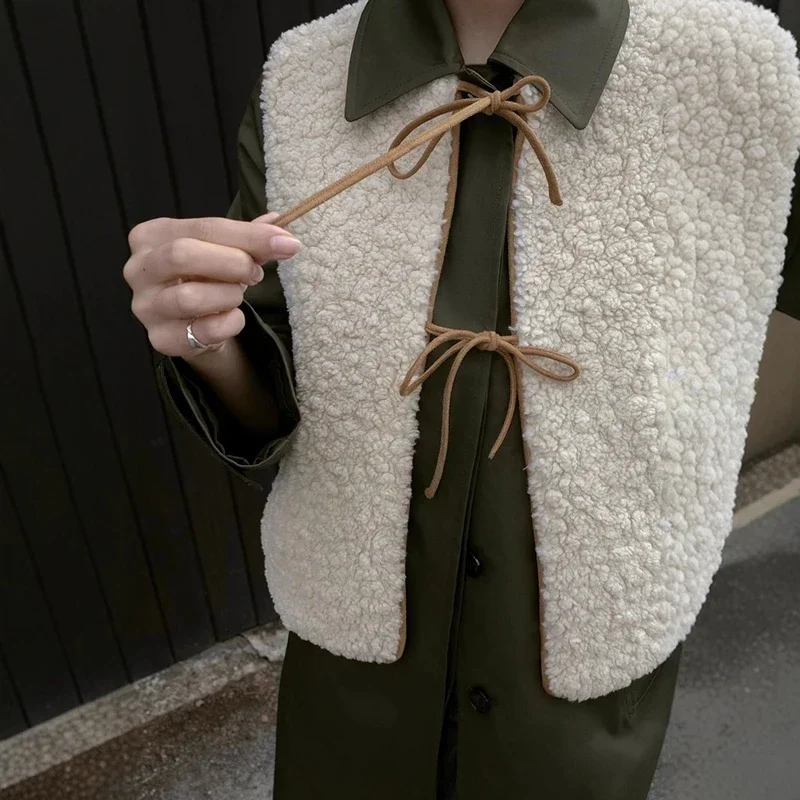 Polar Fleece Lace Up Vest Coat For Women Sleeveless Fashion Outwear Contrast Casual Autumn Winter Female Furry Jacket