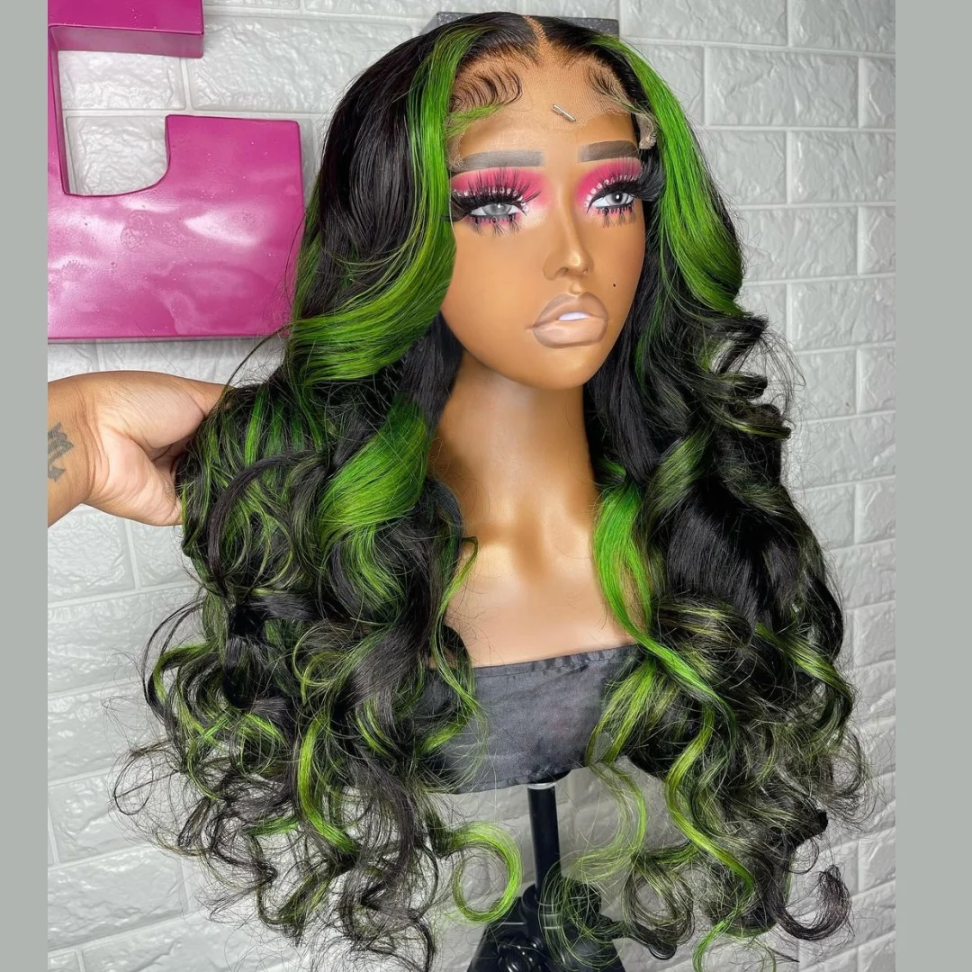 Green Highlight Wig 13X4 Synthetic Lace Front Wig For Women Body Wave Lace Wigs Green And Black Ombre Pre Plucked Lace Wig