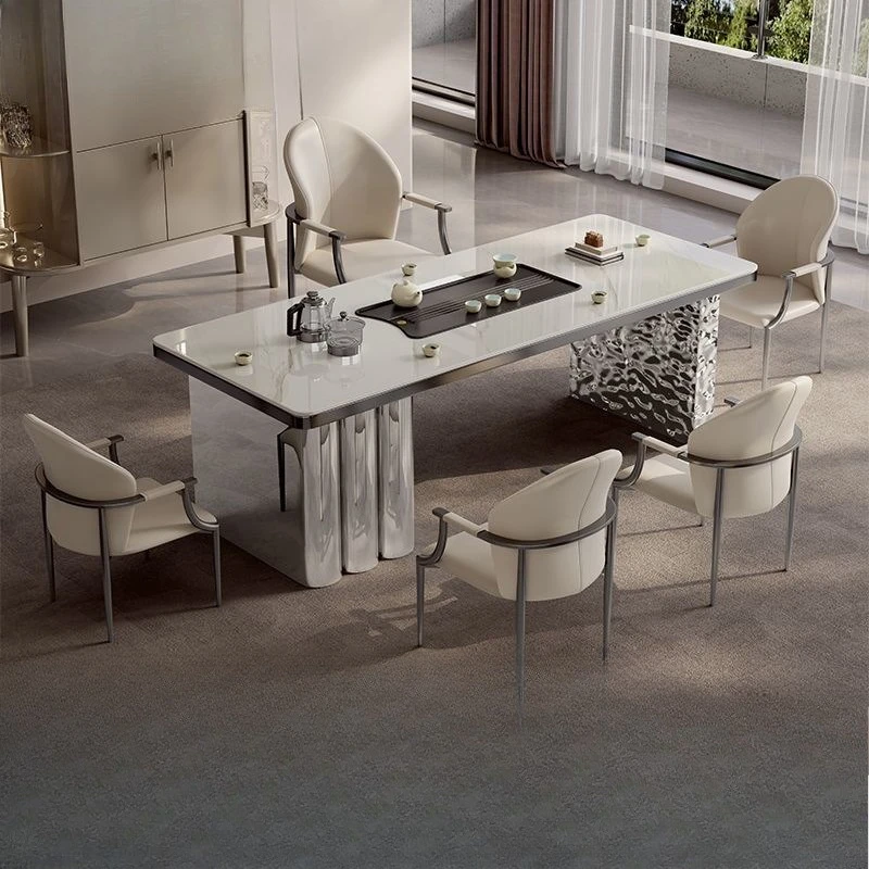 

Rock slab tea table and chair combination modern high-end office reception balcony small apartment stainless steel