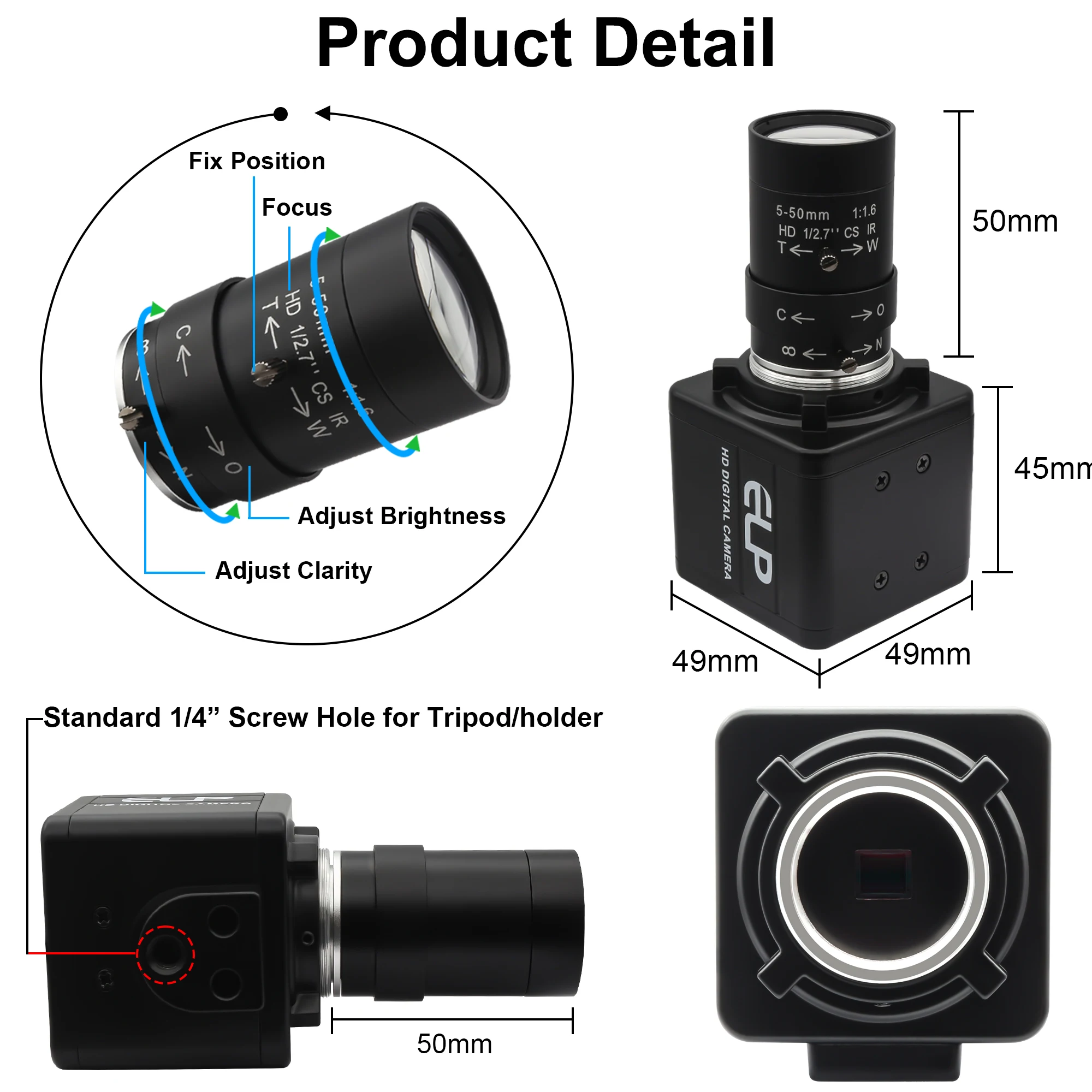ELP 16MP Zoom USB Camera 10X Zoom Camera Mini USB Webcam Video Scanning with 5-50mm CS Mount Lens UVC for PC Windows Mac
