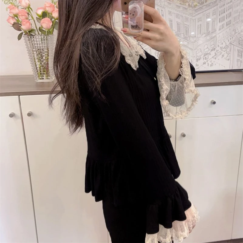 

Женские пижамные комплекты с кружевным воротником Питер Пэн, сексуальная пижама в корейском стиле, с длинными рукавами, весенняя, милая, для дома YY9