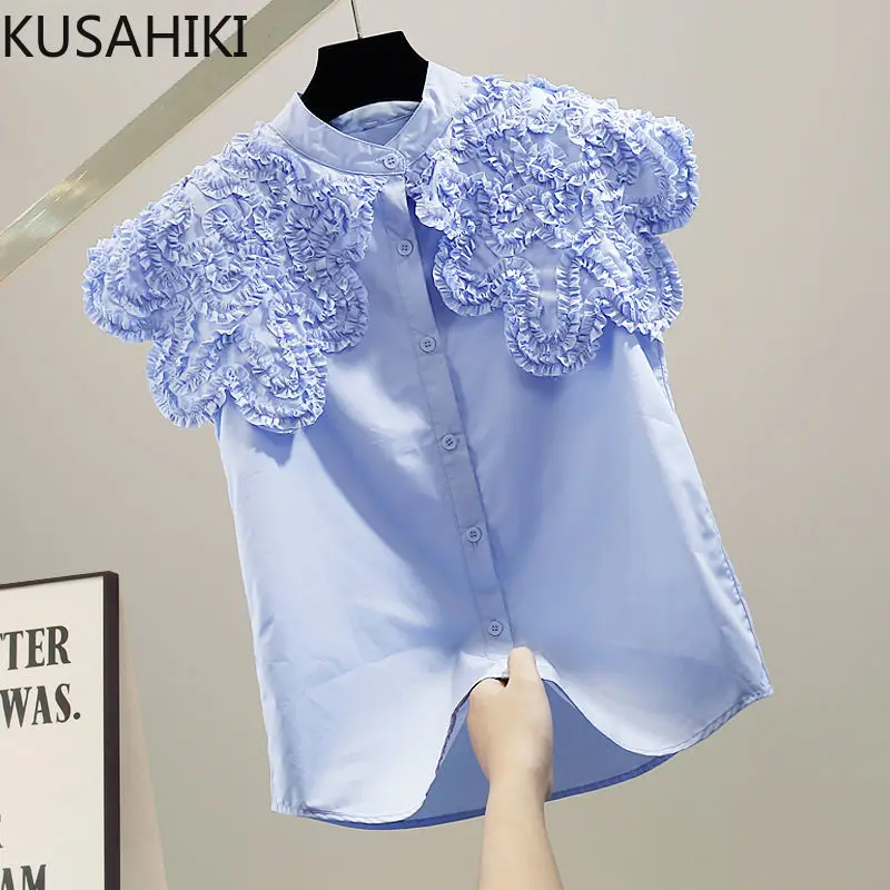 KUSAHIKI Causal Flying Sleeve Womens Top Summer New Korean Blusas Fashion Chic Edible Tree Fungus Ruffle Patchwork Blouse Shirt