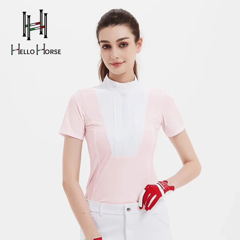 مرحبا الحصان الفروسية تي شيرت ملابس الفروسية الكبار متسابق الملابس الفروسية المنافسة قصيرة الأكمام أعلى تنفس متسابق والعتاد