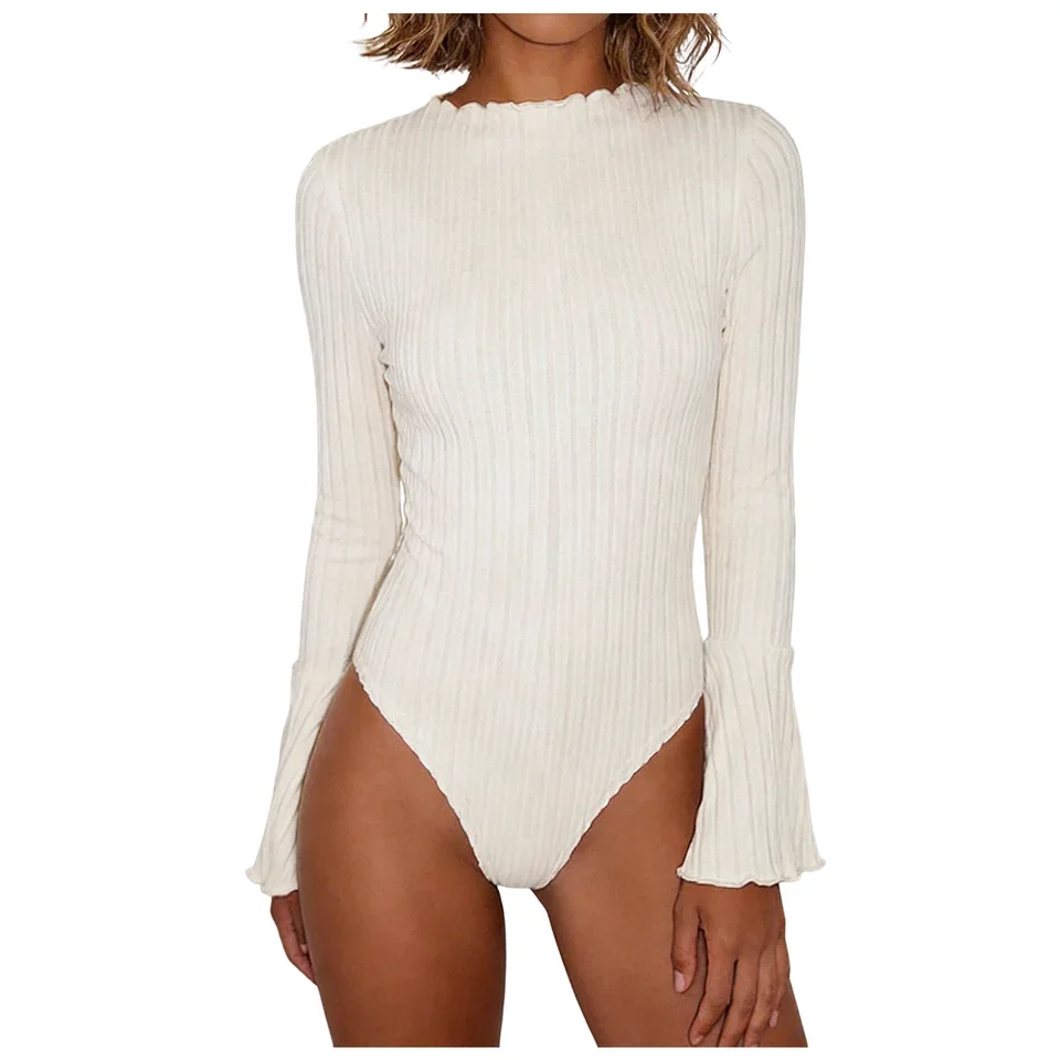 Long Sleeve Ribbed Bodysuits Women Spring Autumn Solid Bodycon Elastic Romper  Bodycon Leotard Fashion Club Party Tops