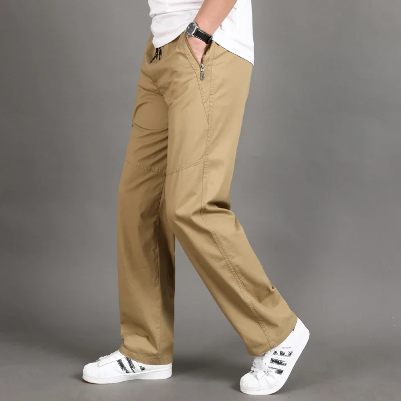 Men's Oversized Casual Pants Drawstring Cotton Mid Aged Working Trousers Plus Size Baggy Pants Solid Black Straight Trousers