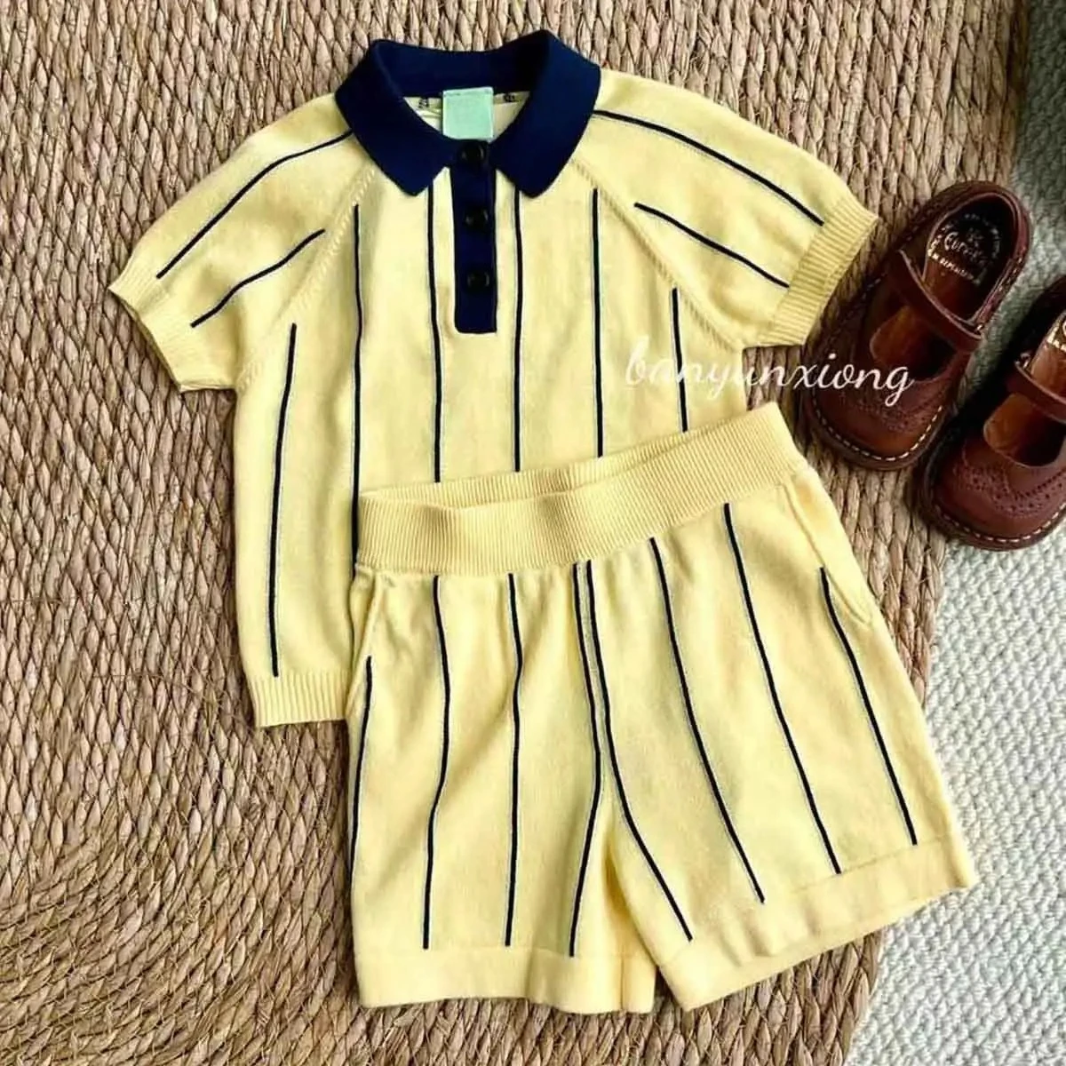 Boys Suit 2026 Spring and Summer New Childrens Clothes Boys Baby Fashion Yellow Striped Knit T-shirt Shorts Two-piece Set
