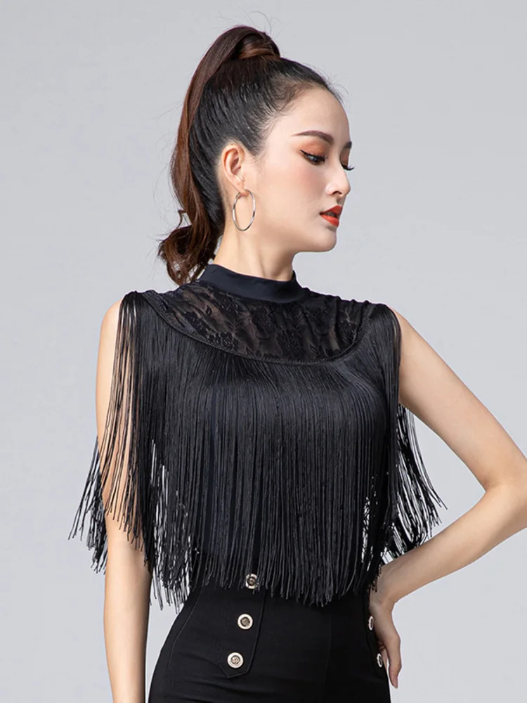 Mesh Patchwork Latin Dance Line Tops Competition Jazz Tassel Belly Practice Clothes Evening Woman Solid Color Playsuits