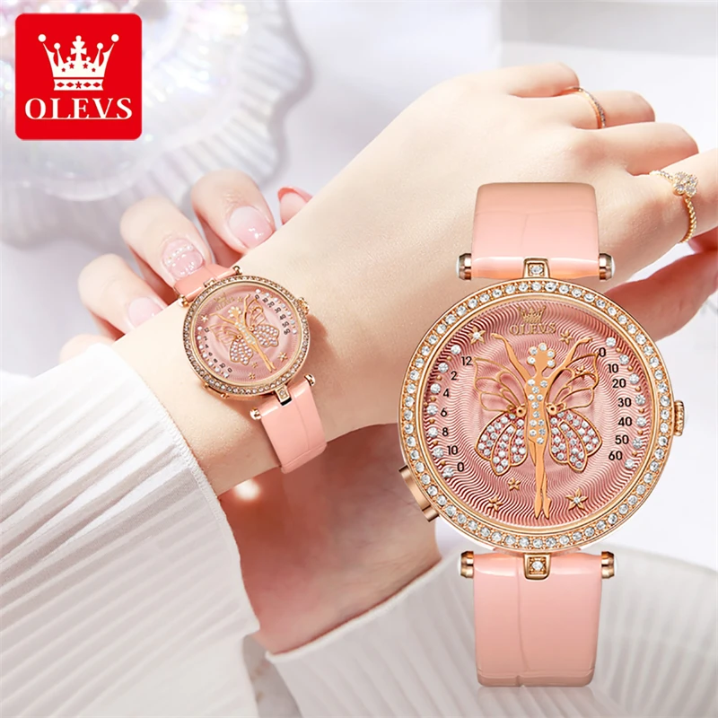 

OLEVS 5576 Fashion Women's Watch Quartz Waterproof Leather Strap Diamond Wristwatch Original Top Brand Watches Relogio Feminino