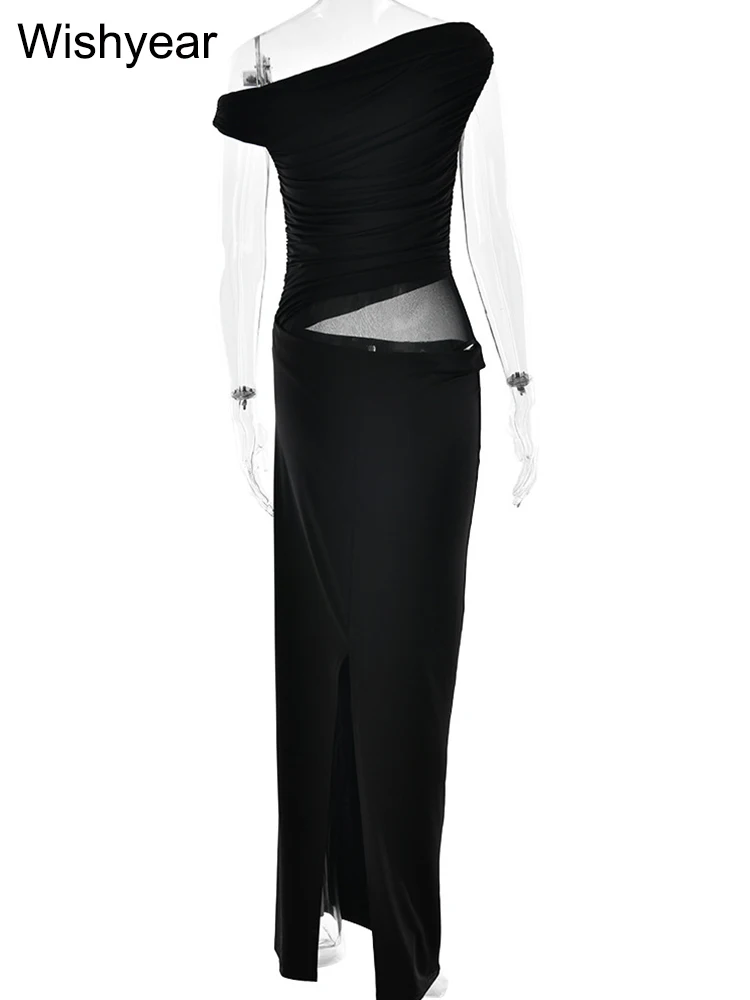 فستان طويل صيفي بدون أكمام من Wishyear للحفلات الليلية للنوادي الليلية للنساء أنيق لحفلات أعياد الميلاد وحفلات التخرج بكتف واحد فساتين ماكسي سوداء فاتنة