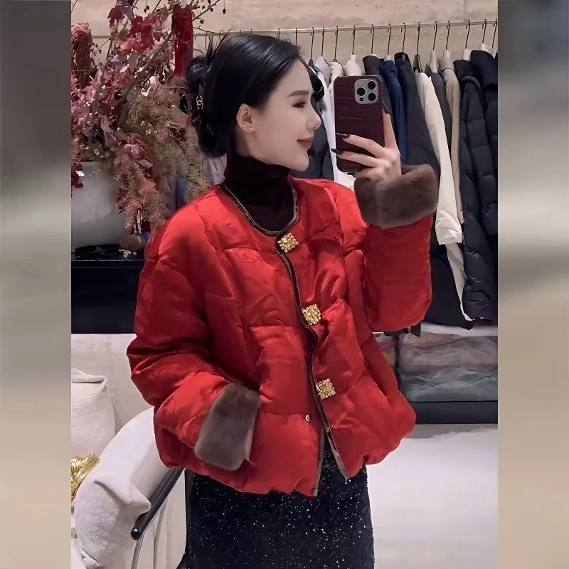 New Chinese Style Red Cotton Jacket Young Women's Winter Coat Traditional Tang Costume Warmth Fashionable Casual Long Sleeve