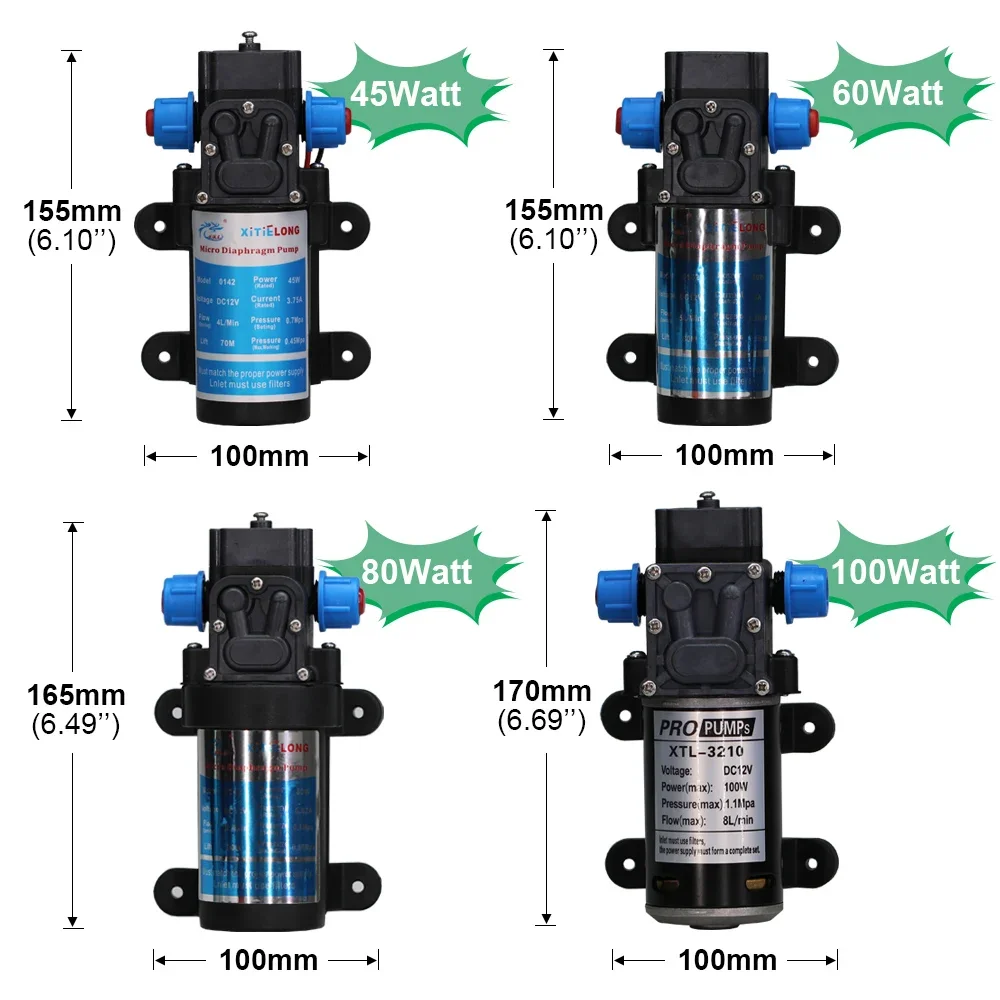 DC/12V 45/60/80/100 Watt Micro Electric Diaphragm Pump Water 3/8'' Connection 4/5/6/8L Per Minute