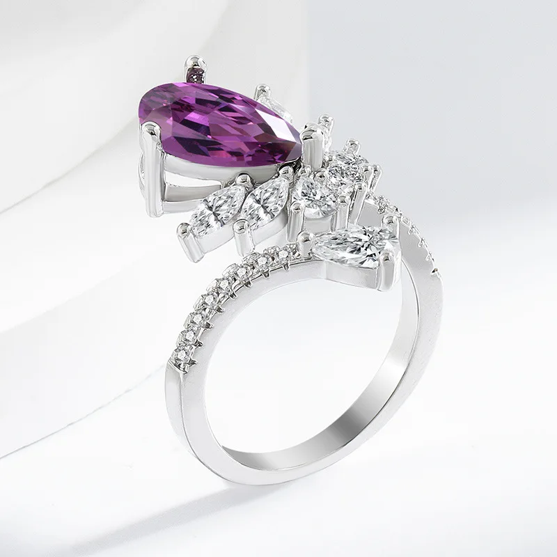 

925 Sterling Silver Luxury Fashion Purple Water Drop Zircon Diamond Ring Birthday Anniversary Wedding Party Gift