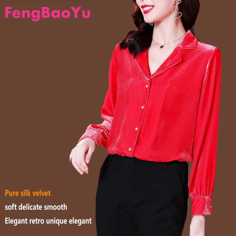 

Fengbaoyu Velvet Spring Autumn Lady's Long-sleeved Suit Collar Mulberry Silk Fashion Luxury Red Bottomed Shirt Women's Clothes