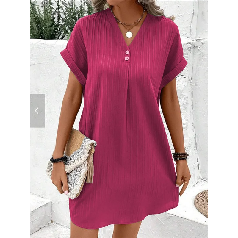 【SEE】Summer Dresses For Women 2025 Casual Button V Neck Short Sleeve Tunics A Line Ribbed Mini T Shirt Dress