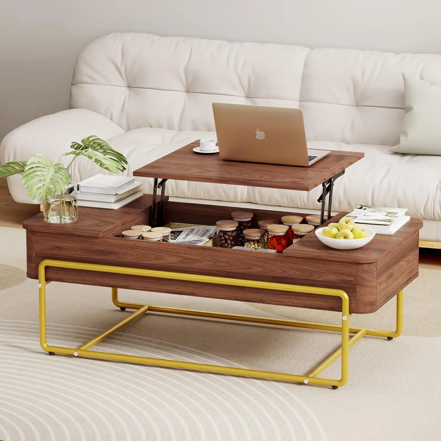 

48" Lift Top Coffee Table with Storage Drawers & Metal Legs, Coffee Table with Lifting Top with Large Hidden Compartment