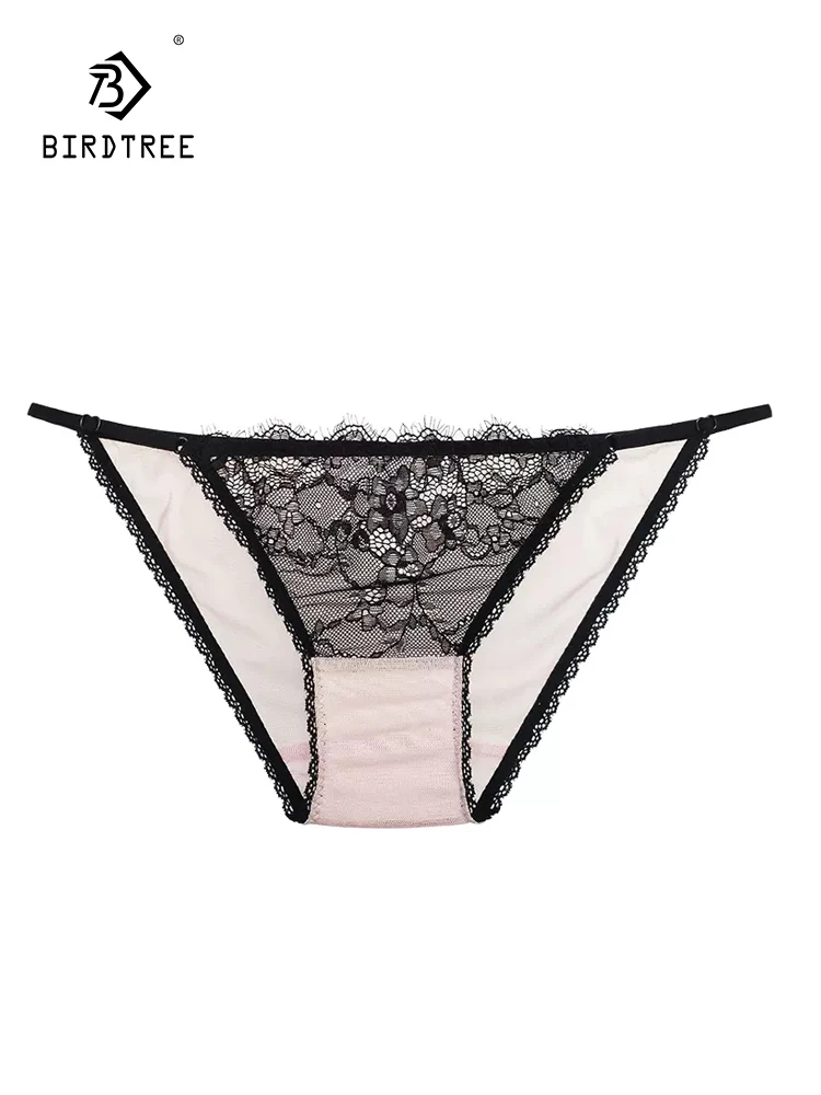 BirdTree, 100% Real Silk Sexy Briefs, Women Low Waist Lace , French Breathable Mesh Yarn Underwear, 2024 Summer New P44694QC