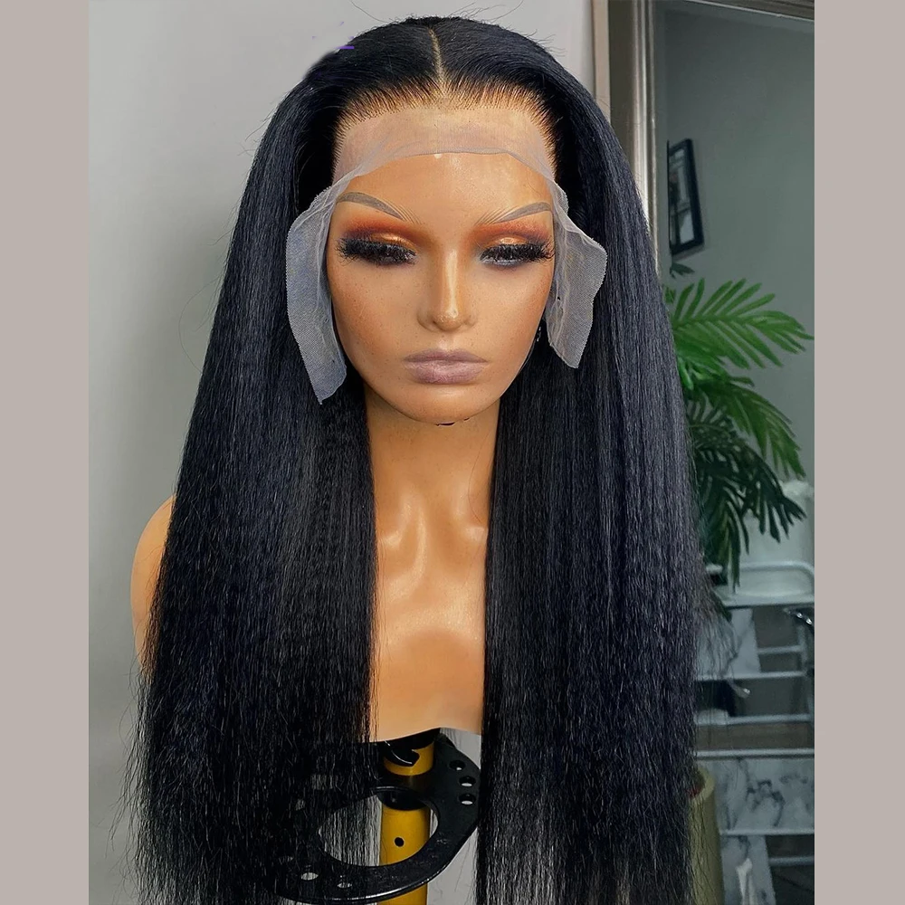 180 Density Preplucked Kinky Straight Soft Glueless 26inch Long Natural Black Yaki Lace Frontal Wig For Women Babyhair Daily