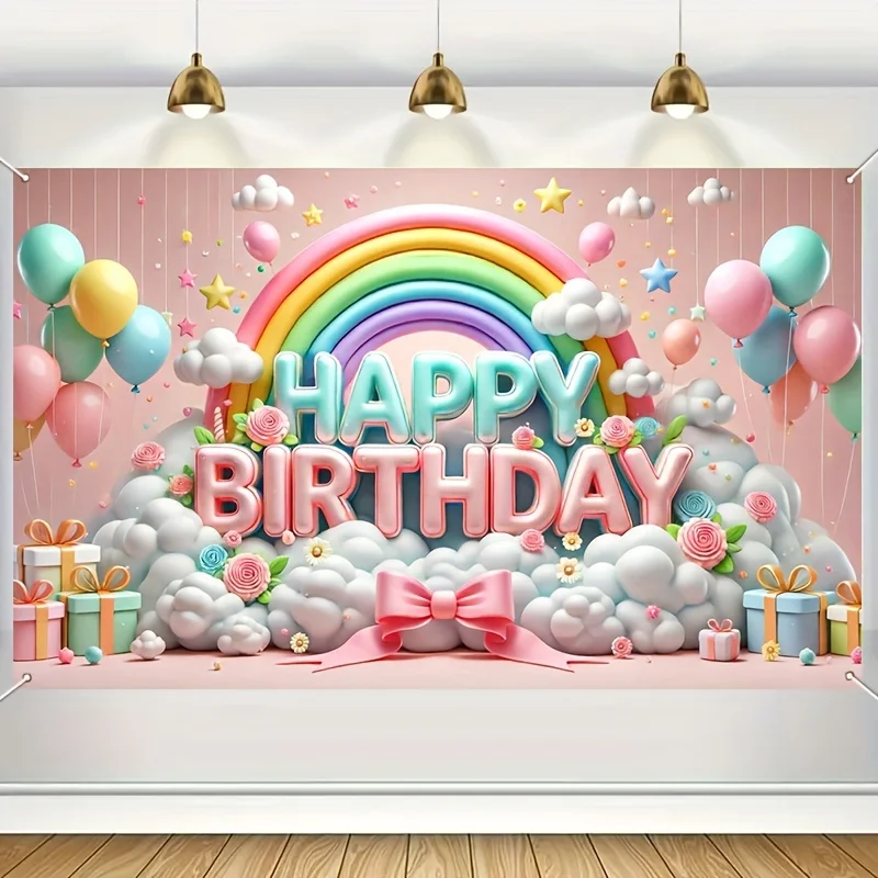 Happy Birthday Background Banner 1pcs 3D Balloons And Rainbow Design Party Background Decoration For Celebration