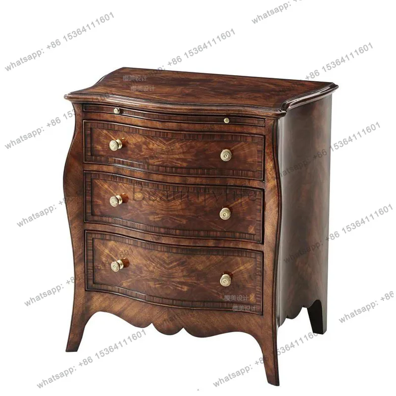 English bedside tables, villa bedroom carved furniture, solid wood paint, bedside wood grain storage decoration cabinets
