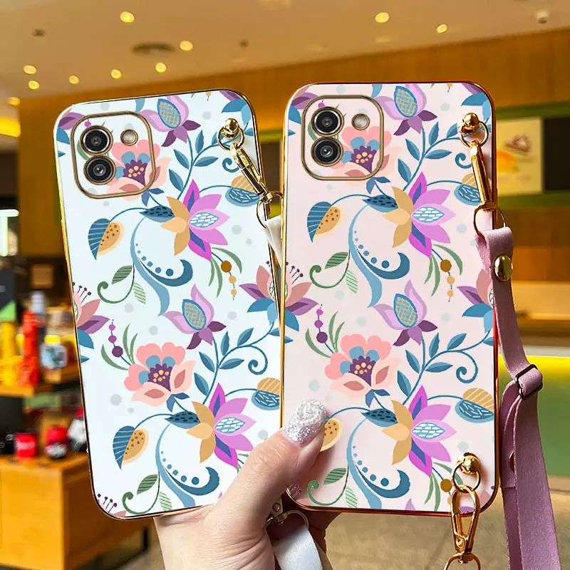 Bright Flowers Lanyard Plating Phone Case For Samsung Galaxy A03 A03S A04E A13 A14 A32 A04 A02 A34 A42 A20S A22 A31 A25 Cover