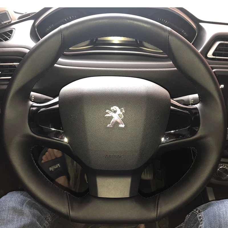 

Для Peugeot 308 2015-2019 прошитый вручную черный чехол на руль автомобиля из натуральной кожи