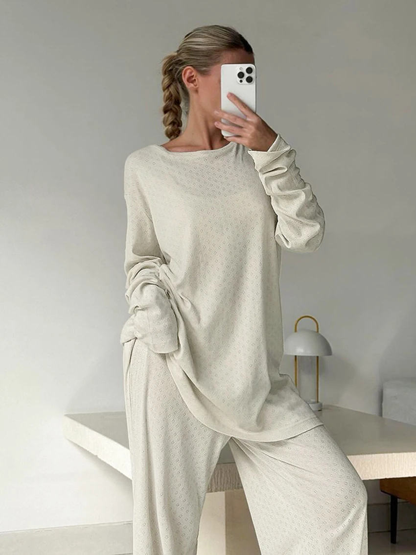 Marthaqiqi Knitted Women'S Nightwear Suit Long Sleeve Nightgowns O-Neck Pajamas Pants Casual Autumn Ladies Sleepwear 2 Piece Set