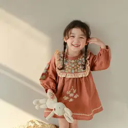 Girls Spring Summer New Lace Embroidery Dresses Baby Girl Vintage Floral Short Dresses Kids Dresses for Girls Clothes