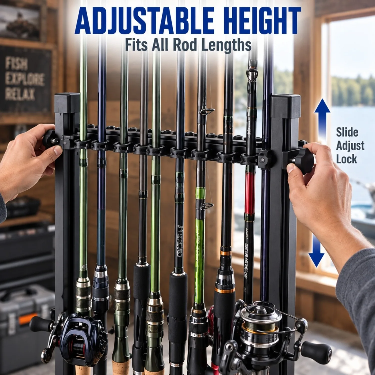 Goture Fishing Rod Storage Rack Holds 24 Poles, Adjustable Sliding Groove Nylon Clips Portable Vertical Fishing Gear Organizer