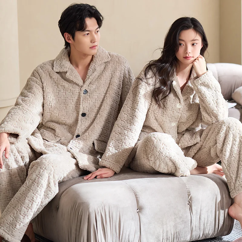 Winter Plush Fabric Pajamas Couple Thick Fleece Pajama Set Solid Color Warm Sleepwear Suit Man Casual Home Clothes Pijamas Mujer