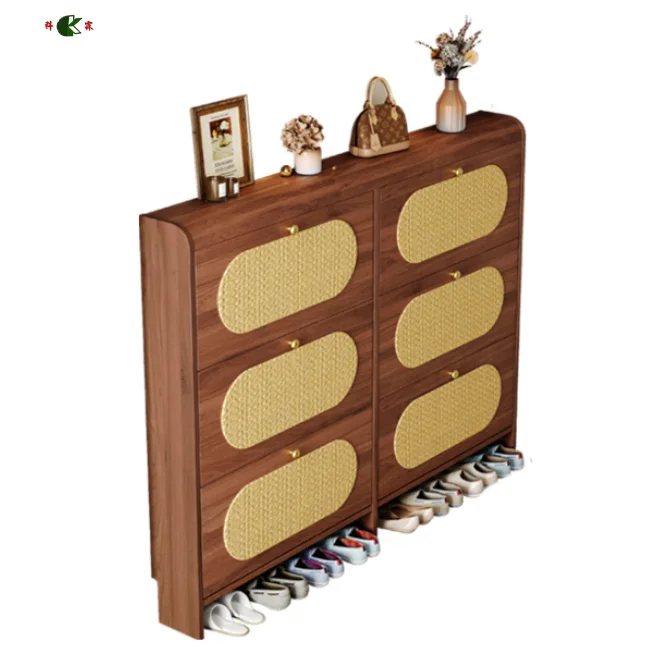 Ultra-thin Shoe Cabinet, Medieval Style MDF Wood Flip Bucket Shoe Rack, Space-saving Narrow Entrance Shoe Storage Organizer