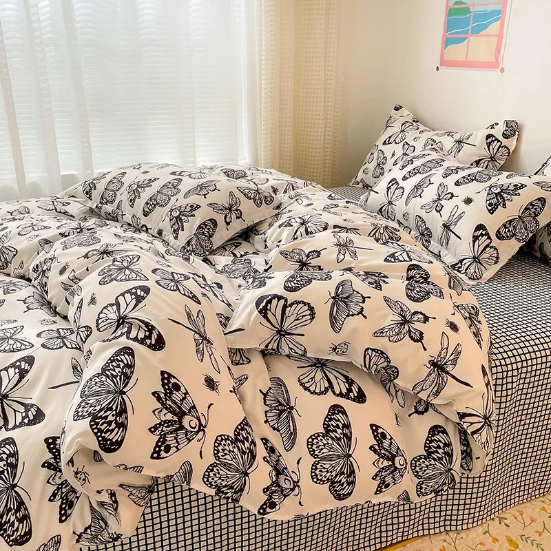 Butterflies Dragonfly Duvet Cover Set Black and White Comforter Covers Insect Sketch Bedding 4pcs Sets for Kids Bedroom Decor