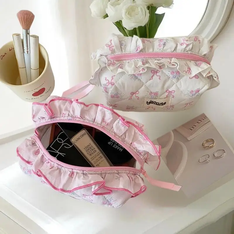 

Очаровательная хлопковая стеганая косметичка с бантом и цветком, женский косметический органайзер на молнии, портативная тканевая сумка для туалетных принадлежностей для девочек