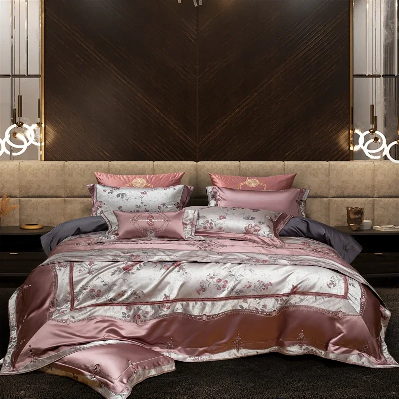Chic Rose Flowers Jacquard Satin Cotton Duvet Cover Wedding Luxury Bedding Set Bedspread Fitted/Bed Sheet Pillowcases 4/6/10Pcs