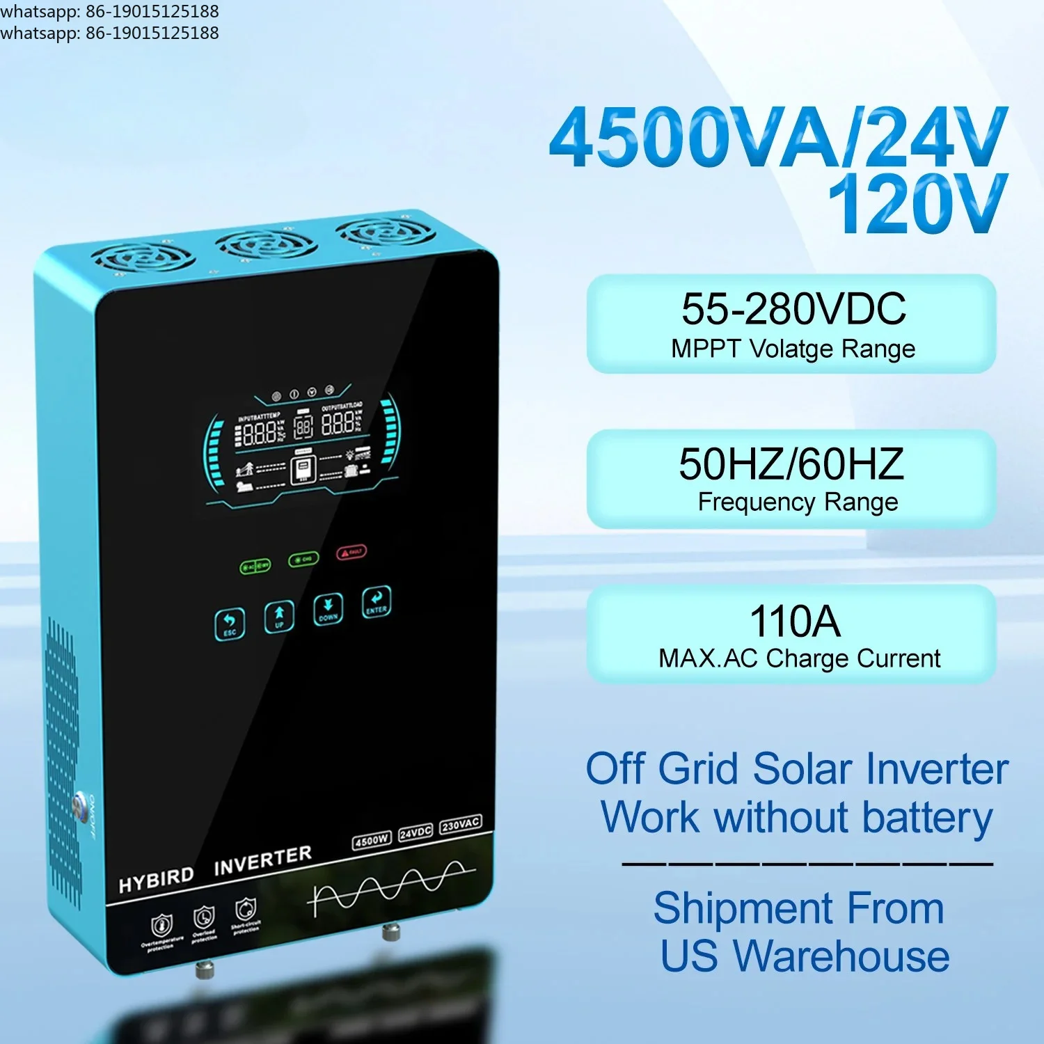 4000W Solar Inverter Charger Hybrid Voltage Converter DC 24V to AC 110V with 140A MPPT Charge Controller for Energy