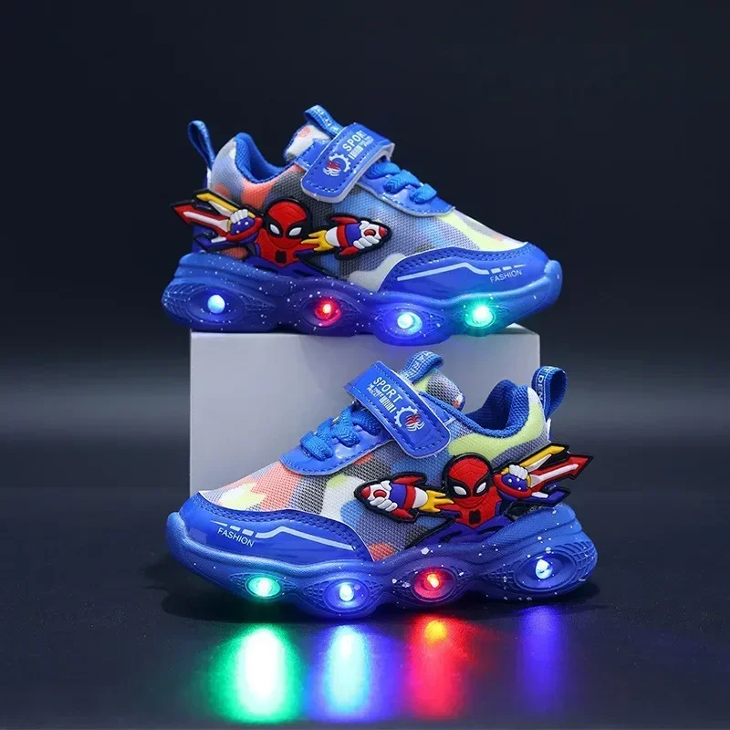 Disney Spiderman Children\'s Led Light Glowing Sneakers Fashion for Boys Girls Kids Shoes Up Breathable Sports Running Shoes