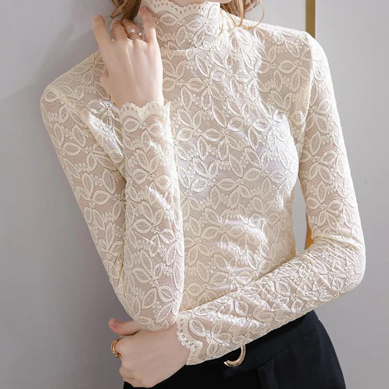 EVNISI Women Flower Hollow Out lace Blouse Elegant Mock Neck Long Sleeves Shirt Autumn Winter Warm Women Bottoming Pullover Tops