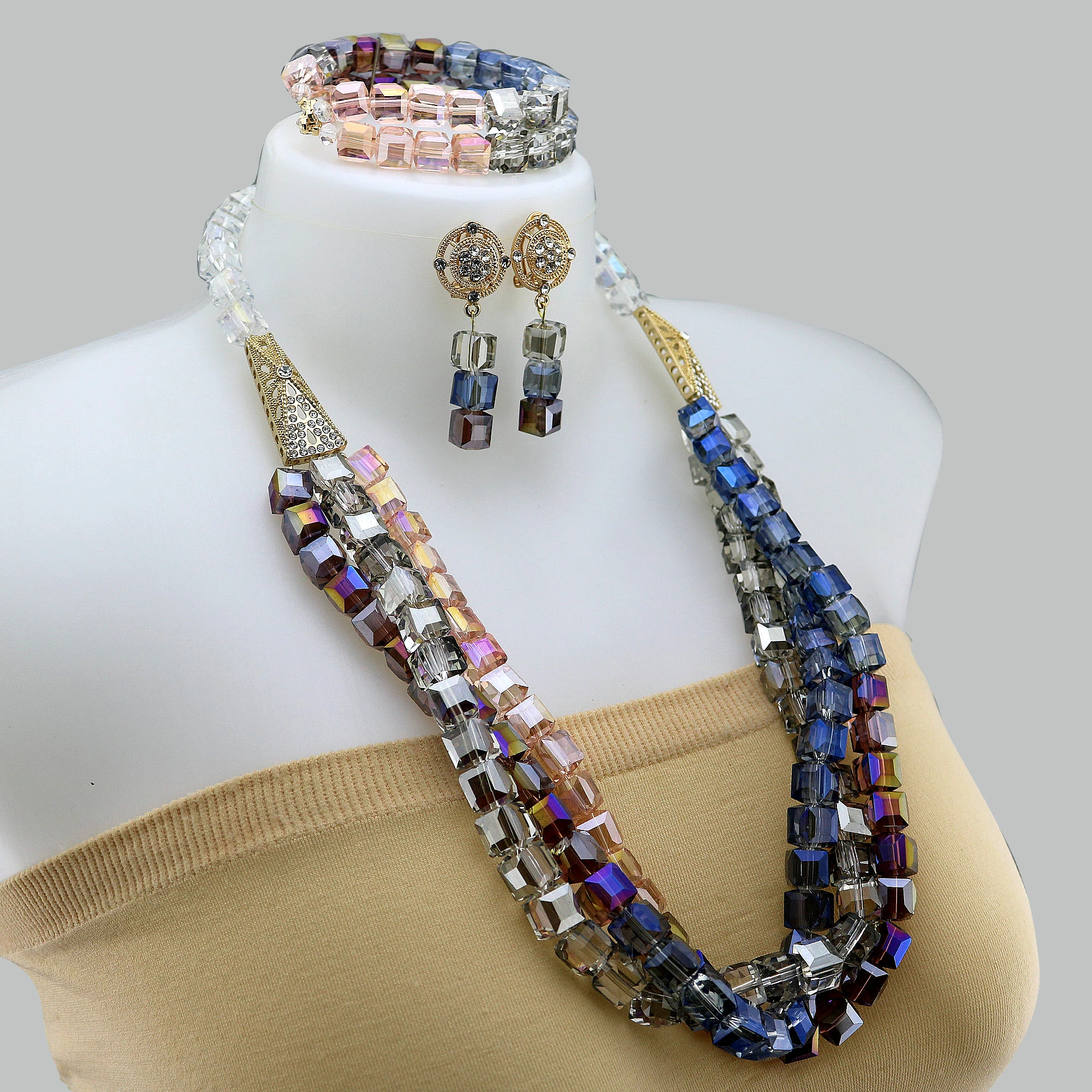 

Fashion Crystal Jewelry Set Layers African Jewellery Necklace Bracelet Earrings Set
