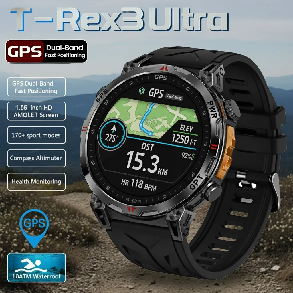 2026 جديد عسكري T-Rex 3 Ultra GPS SmartWatch 650mAh بطارية 5ATM مقاوم للماء بوصلة دعوة رياضية Trackr GHATGPT ساعة ذكية للرجال