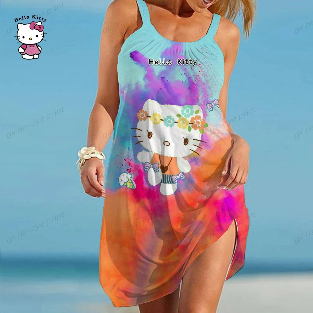 Women Summer Spaghetti Strap Ruffles Dress Sleevesless Party Sundress Loose Casual Dress Beach Hello Kitty Cartoon Vestidos 2023