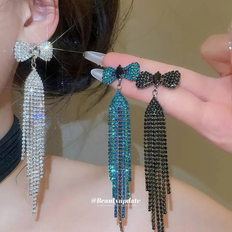 Elegant Silver Needle Diamond Studded Bow Tassels European American Cross Border Style Unique Exaggerated Drop Earrings