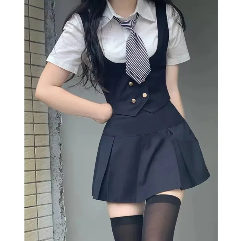 American JK Uniform Suit Hot Girl Style Short Skirt Pleated Skirt Suit Short-sleeved Shirt and Tie Female Summer Vest Shirt Sets