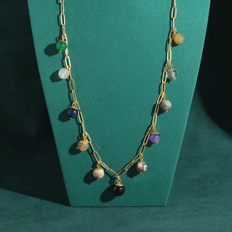 

Vintage Colorful Natural Stone Charm Necklace Gold Color Drop Long Chain Beads Woman Bohemian Luxury Jewelry Designers 2025 New