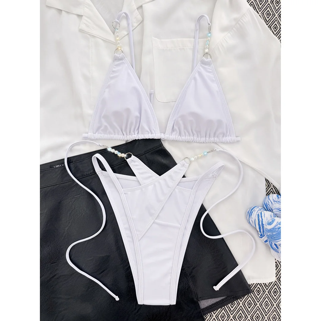 Sexy Neckholder-Bikini mit Perlen und Riemchen, Damen-Badeanzug, zweiteiliges Bikini-Set, hoch geschnittener Badeanzug, Badebekleidung, Modell V5473 – Detail 15