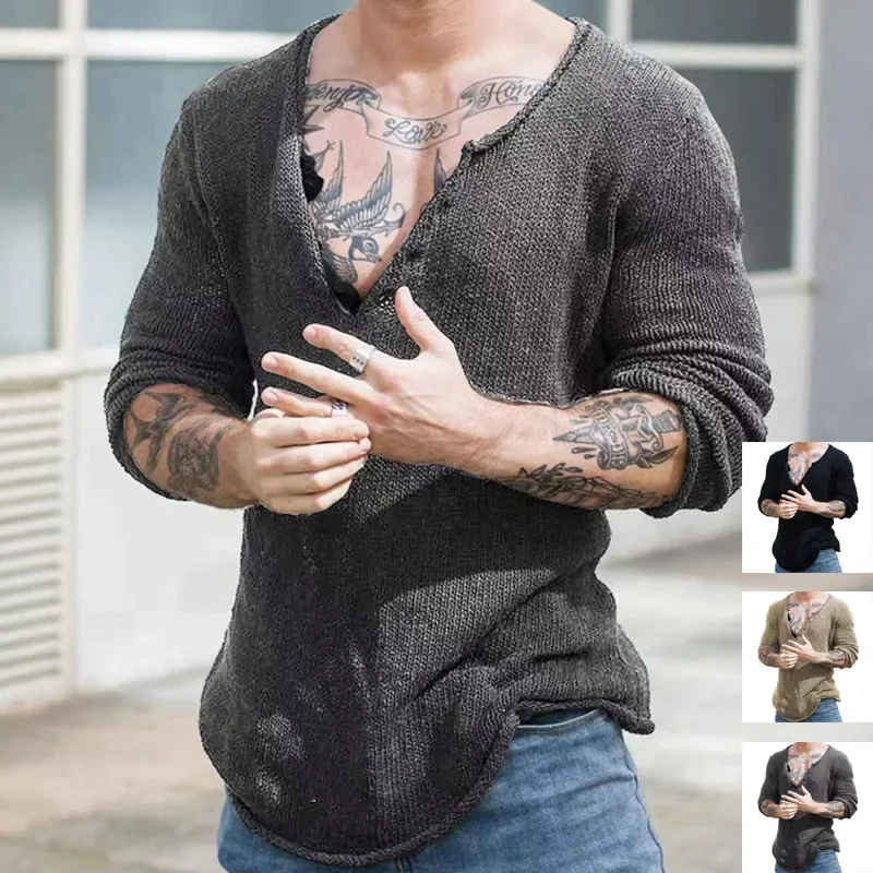 Men T Shirt Solid Color Knitted V Neck Long Sleeve Casual Men Gay Clothing Streetwear  Hollow Out Loose Camisetas 3XL